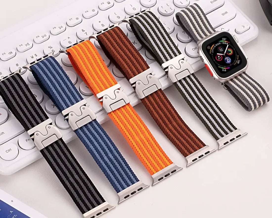 Parachute-Buckle Striped Nylon Apple Watch Band – Brown